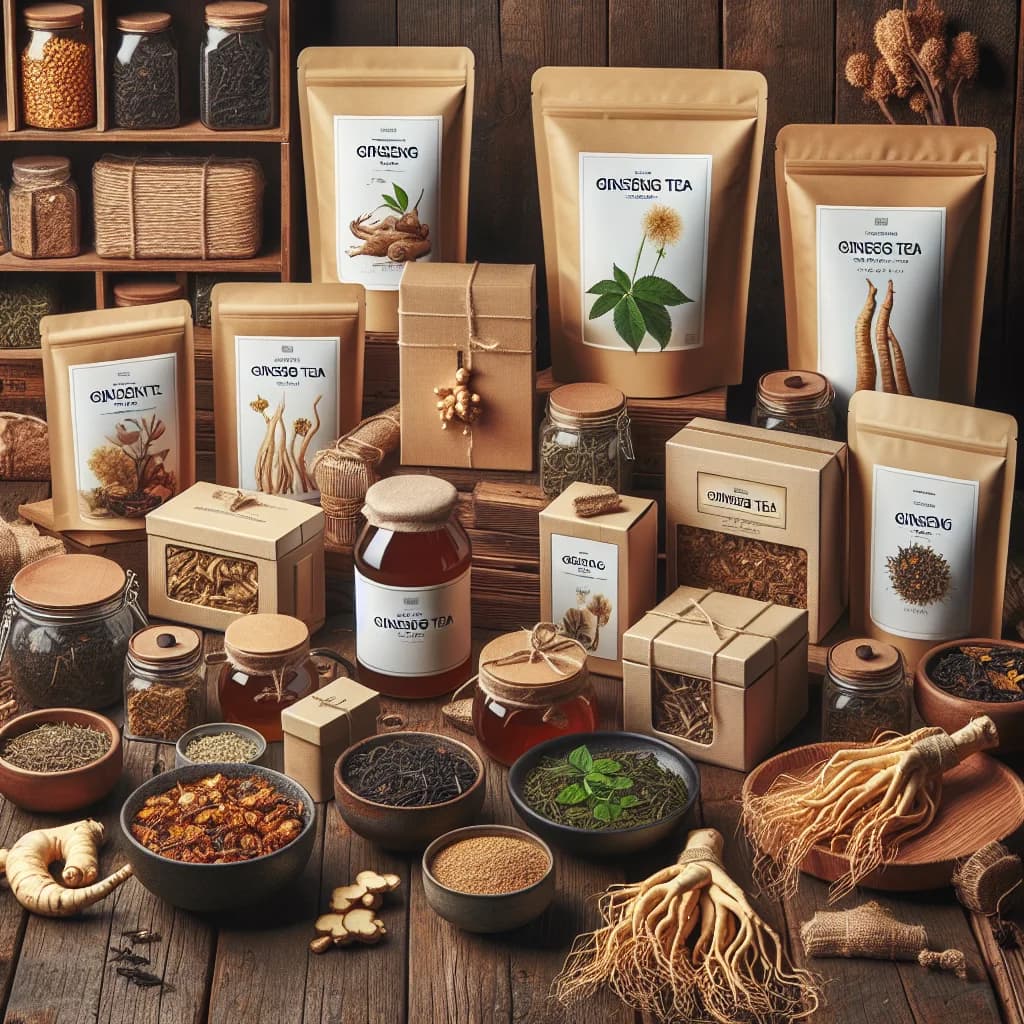 assorted ginseng tea packaging on wooden background with tea leaves and roots