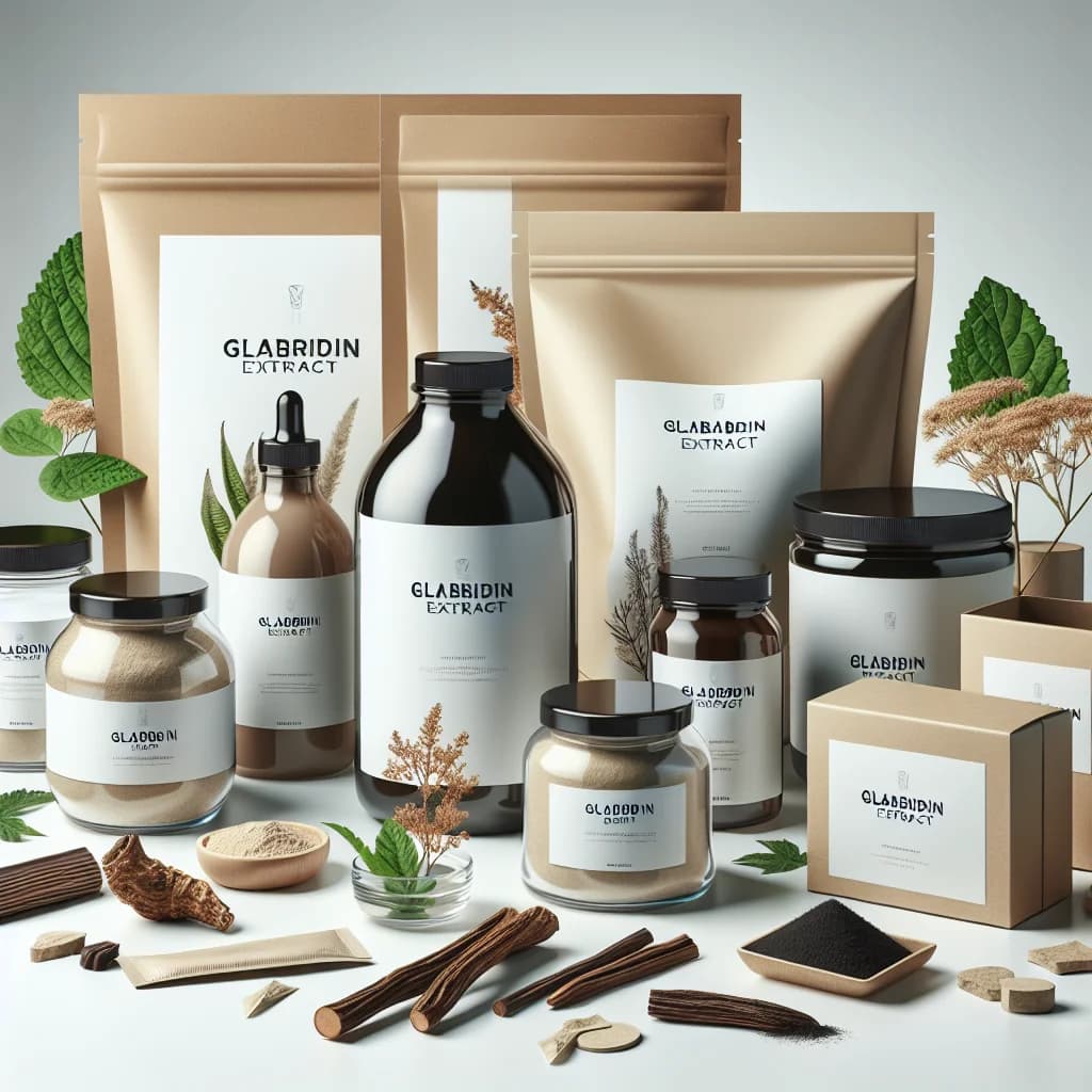 premium glabridin extract variations in eco-friendly packaging on a clean white background with botanical elements