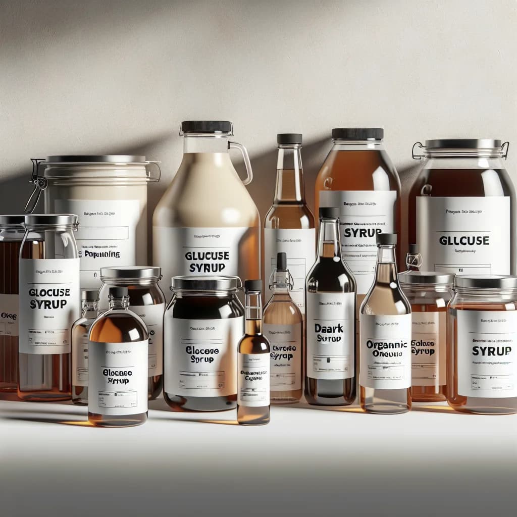 Various Glucose Syrup types in bulk packaging with a clean, professional background