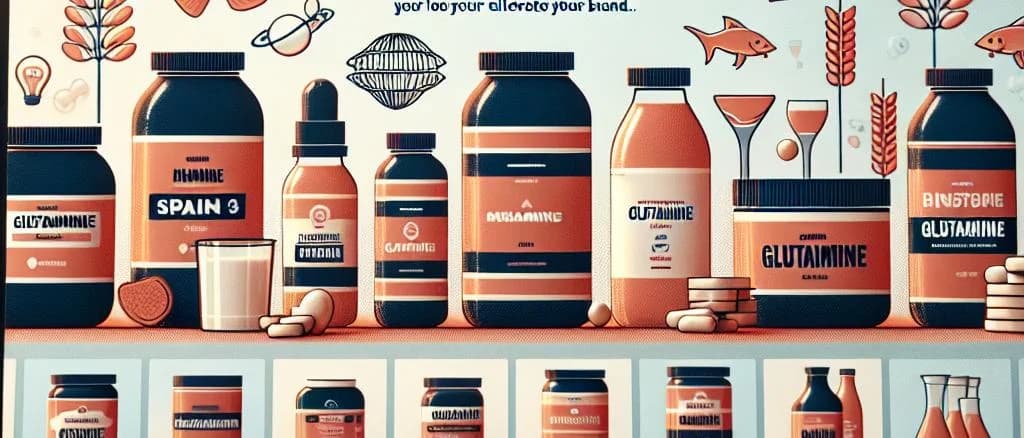 diverse glutamine supplement packaging with industrial backdrop