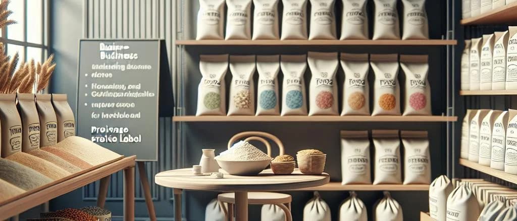 various gluten flour packaging on a wooden background with labels indicating quality and certification