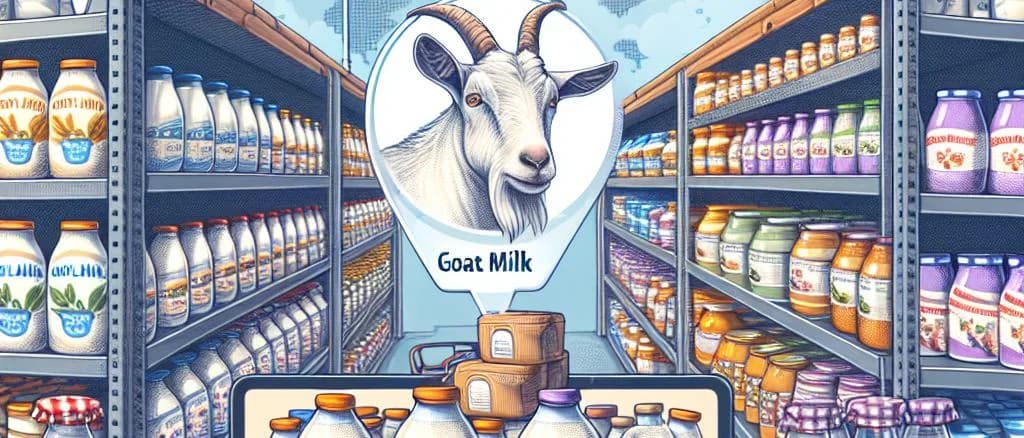 Various goat milk bottles on a wooden table with green pasture background