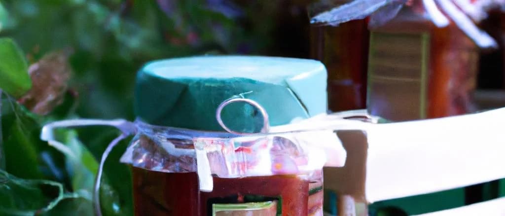 Variety of gooseberry jams in glass jars with different packaging on a rustic wooden background