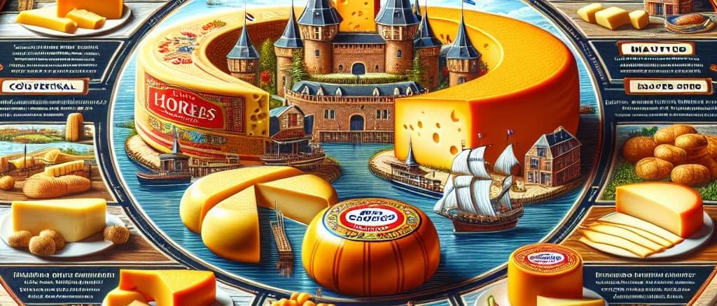 Various types of Gouda Holland cheese with diverse packaging