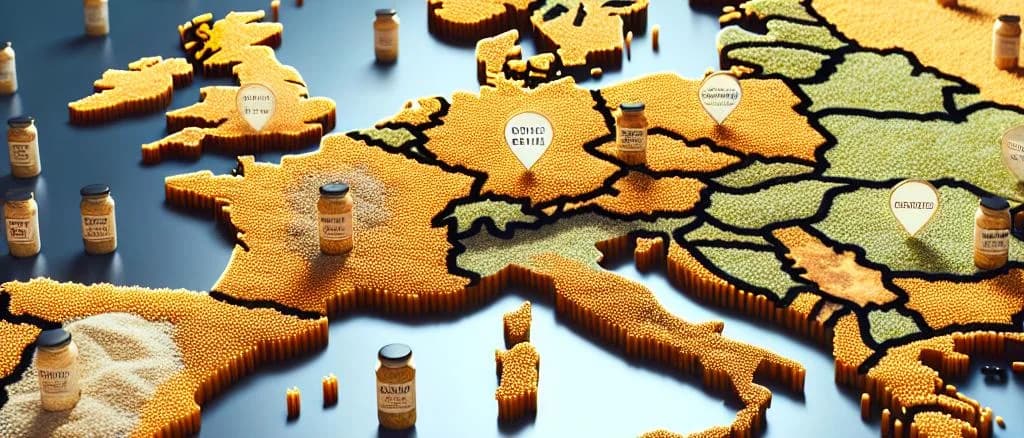 variety of grain products including wheat, rice, and corn with diverse packaging options