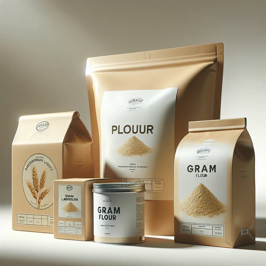 Premium gram flour packaging in multiple variations showcasing bulk and private label options, displayed on a clean, minimalistic background with subtle branding elements.