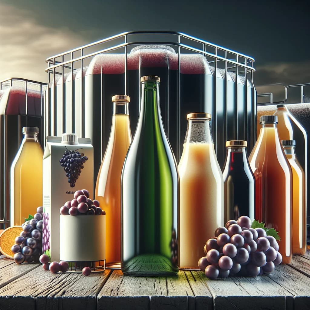 variety of grape juice bottles and cartons in different packaging on a wooden surface, showcasing bulk and private label options