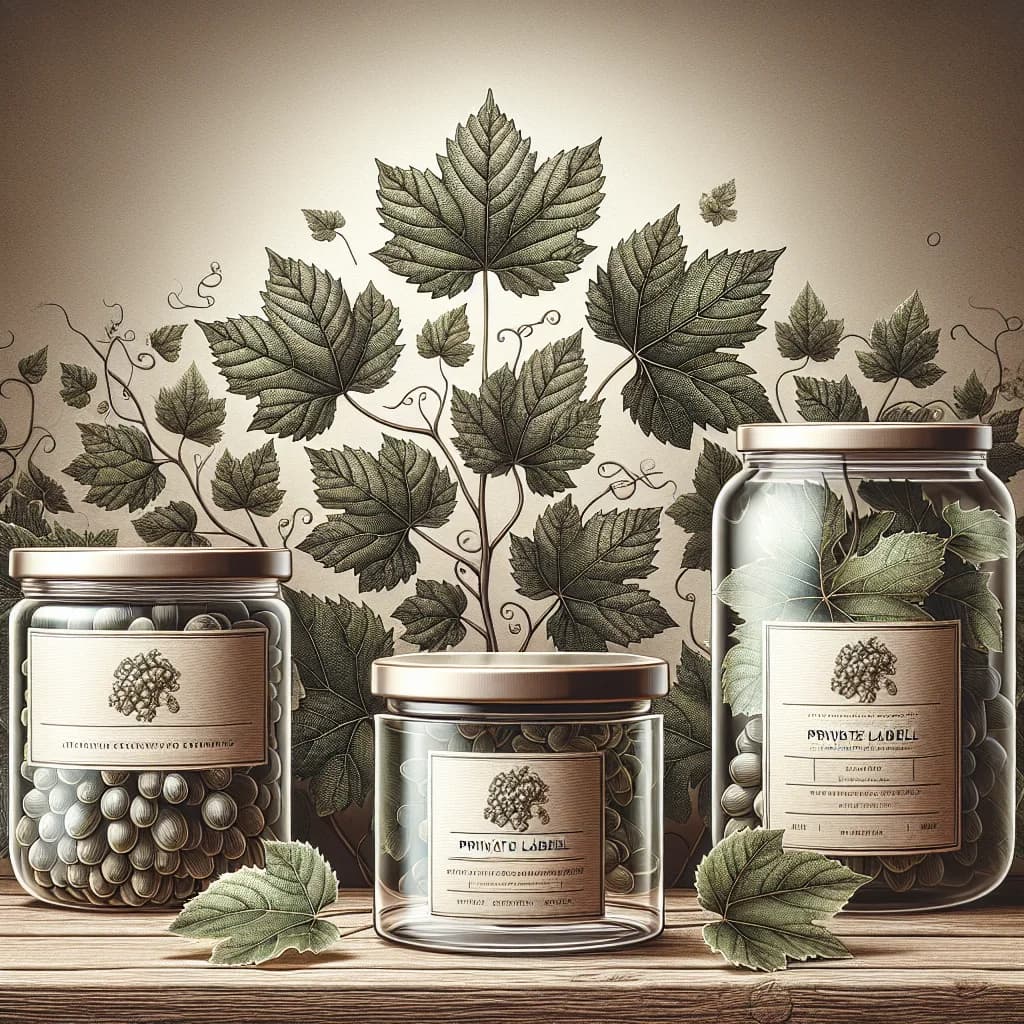 variety of packaged grape leaves in bulk and private label formats on a natural wooden background