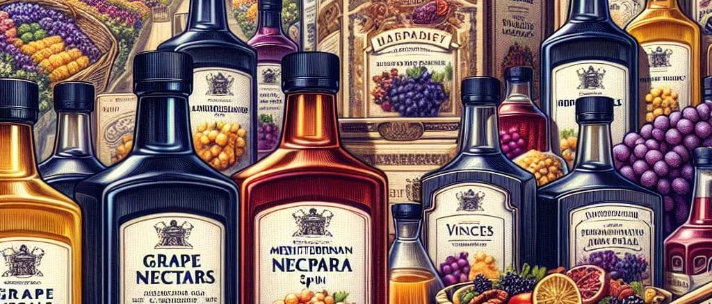 assorted grape nectars in various packaging against a rustic background