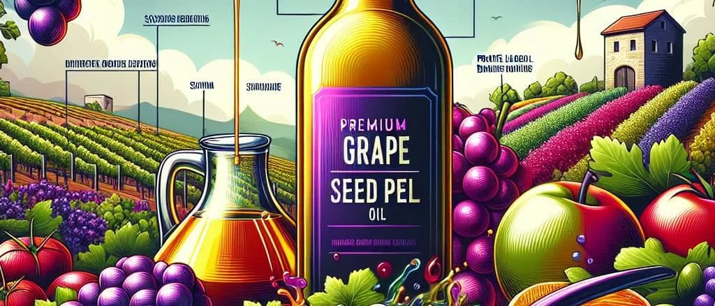 varieties of grape seed oil bottles with different packaging styles on a rustic wooden background