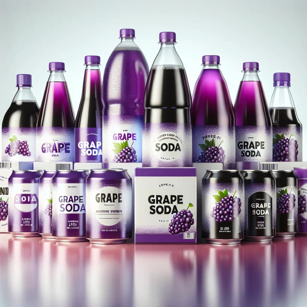 Packaged grape soda bottles and cans in various designs on a clean, minimalist background