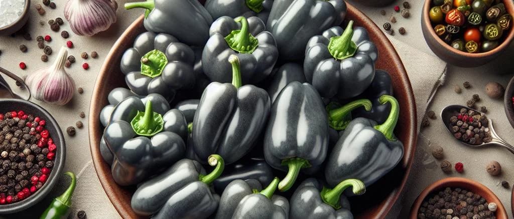 assorted gray peppers with varying shades and textures on a wooden background
