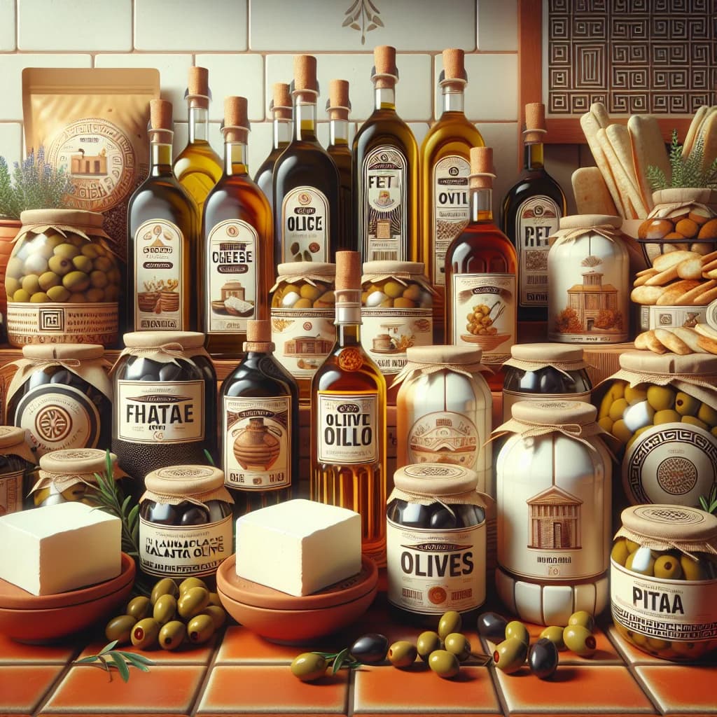 variety of high-quality Greek food products in distinctive packaging on a rustic Mediterranean-themed background