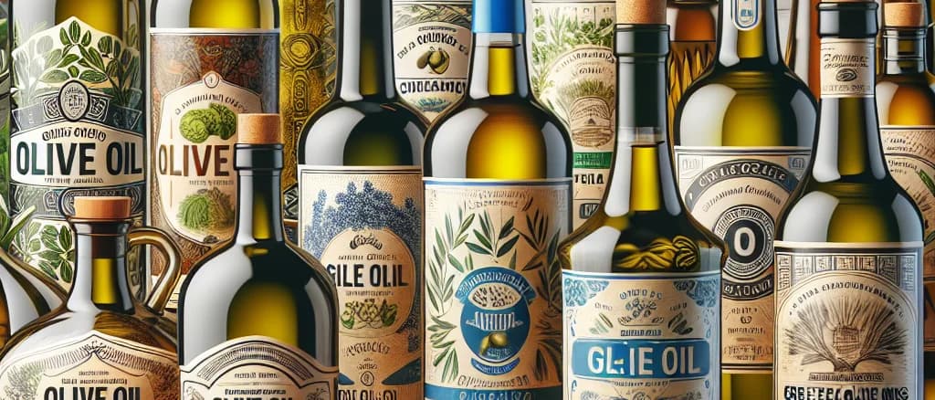 Greek olive oil bottles with varied packaging on wooden background