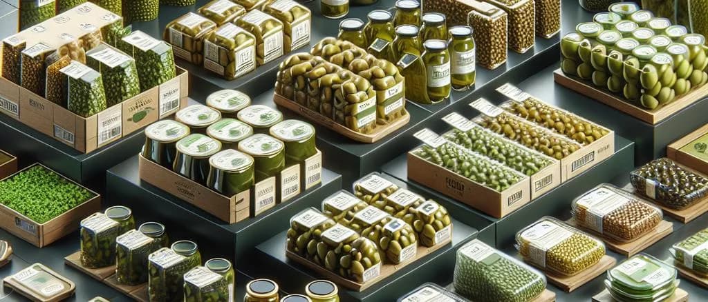 Assorted green olives in different packaging variations on a rustic wooden table