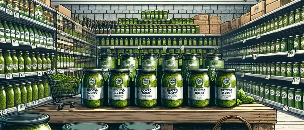 Assortment of green pesto jars with various packaging designs on a rustic wooden background