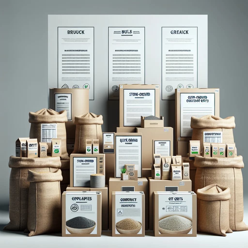 varieties of packaged grits displayed on a clean countertop with natural grains and bulk packaging