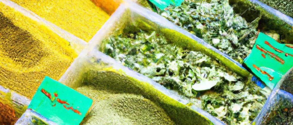 various premium ground herbs in clear containers on wooden table with burlap background showcasing diverse hues and textures