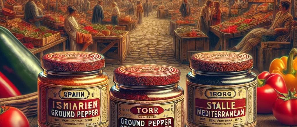 varieties of ground peppers with diverse packaging and backgrounds