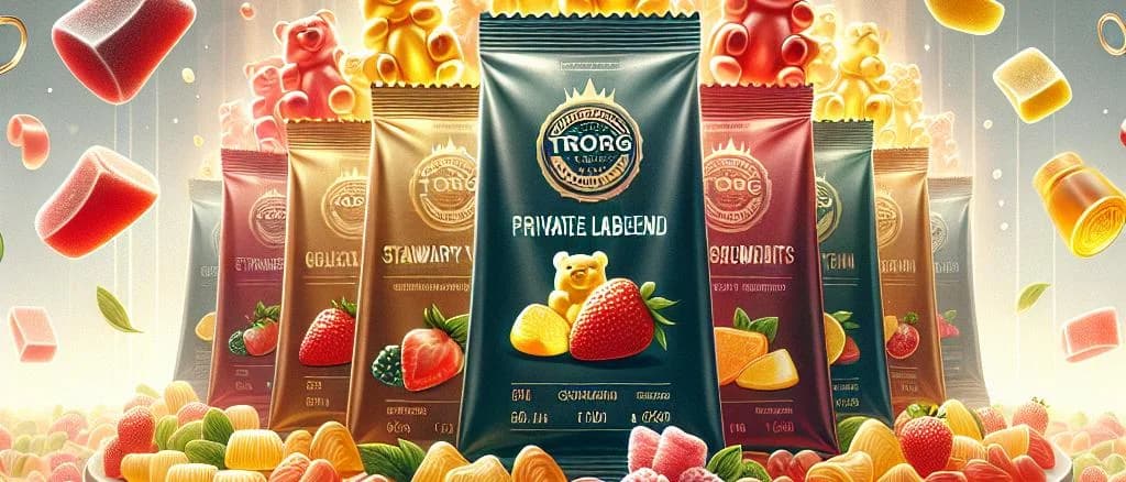 Assorted gummy bears in multiple package variations on a colorful background