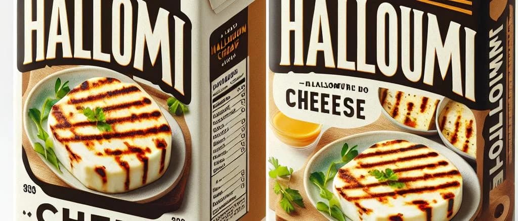 Variety of Halloumi cheese blocks on a wooden board with herbs and spices