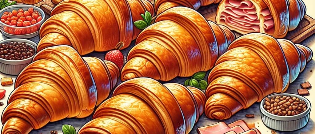 Assortment of gourmet ham croissants on a wooden bakery display