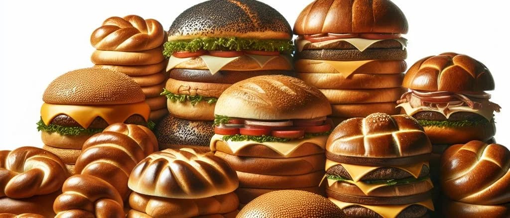 assortment of hamburger buns with various seeds and grains on wooden surface