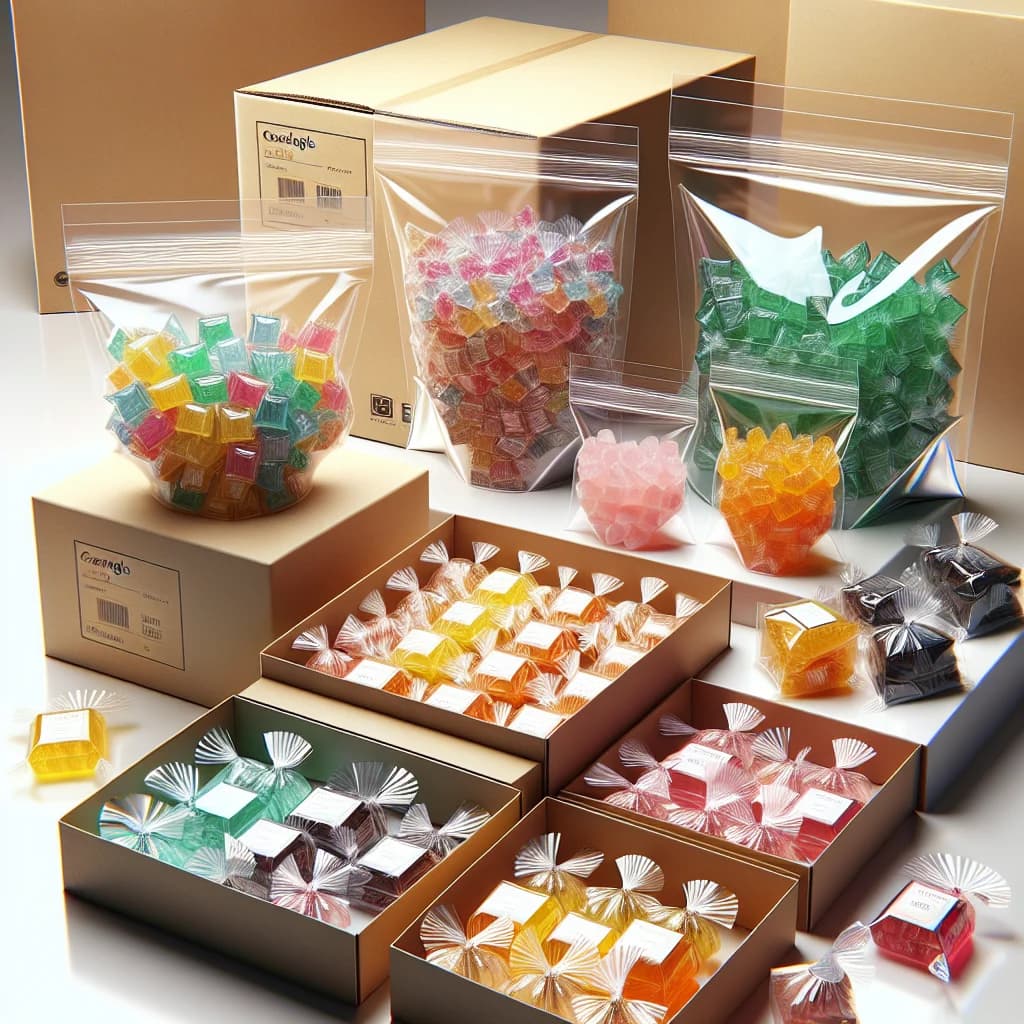 assorted hard candy in colorful wrappers displayed on a clean white surface with packaging variations