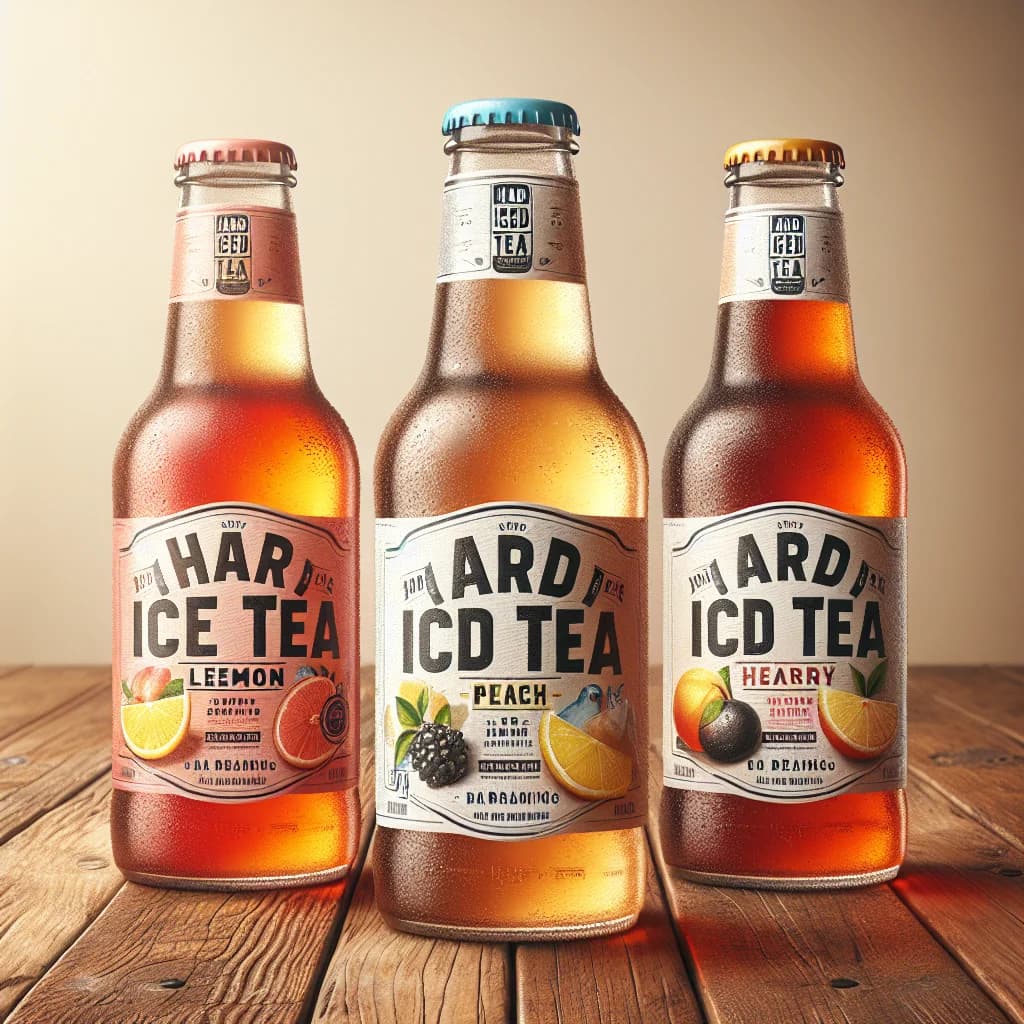 variety of hard iced tea bottles in different flavors with branded packaging on a wooden background