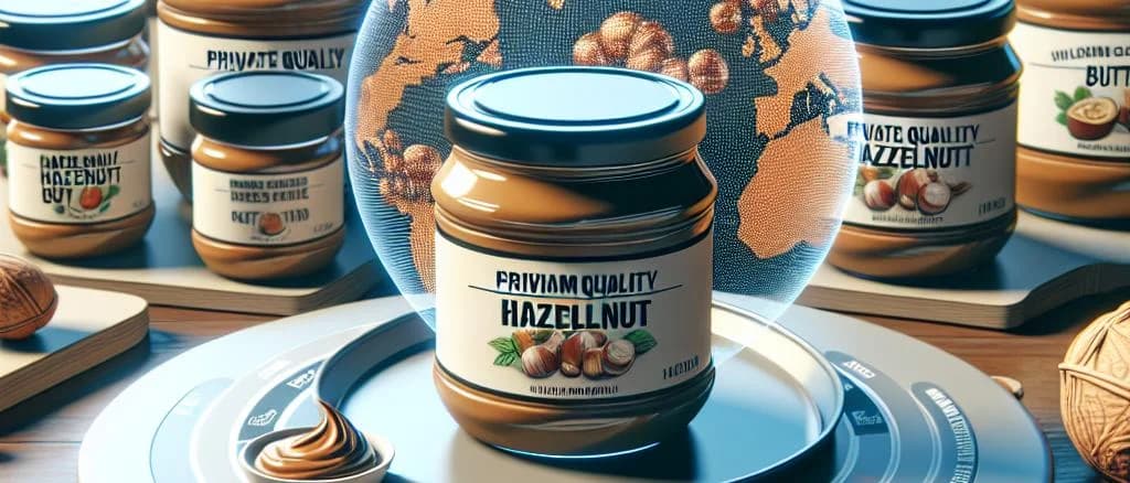 Three variations of hazelnut butters in jars with different packaging on a wooden table