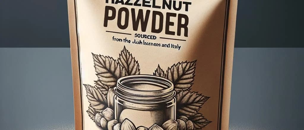 Various hazelnut powder packages with nutty designs on a clean background