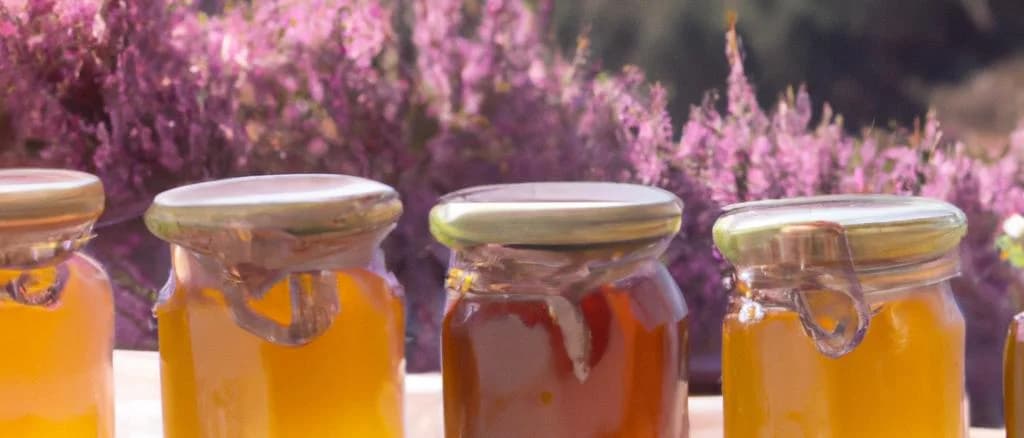 Various jars and bottles of Heather Honey with natural backgrounds