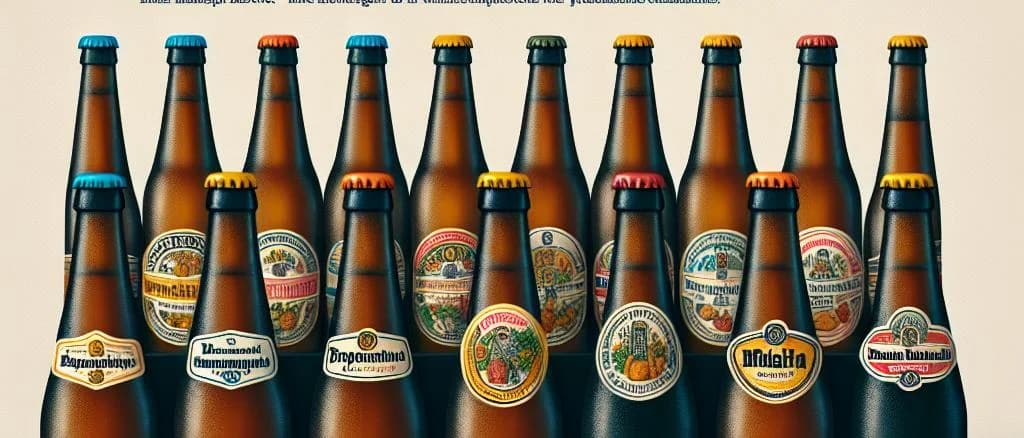 Various bottles of Hefeweizen beer on a wooden table, featuring diverse branding and packaging designs