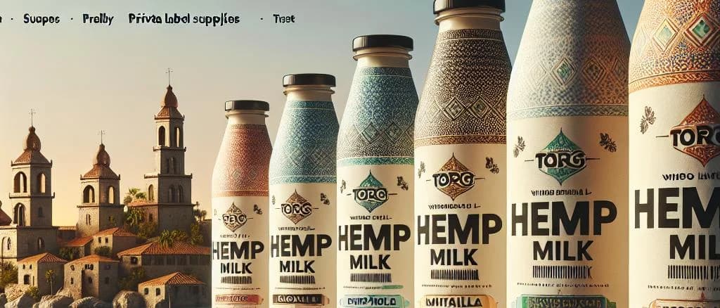 Various hemp milk packaging on a wooden table with a neutral background