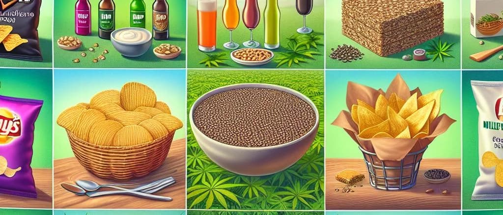 Multiple variations of hemp-based food and beverage products with diverse packaging on a wooden table.
