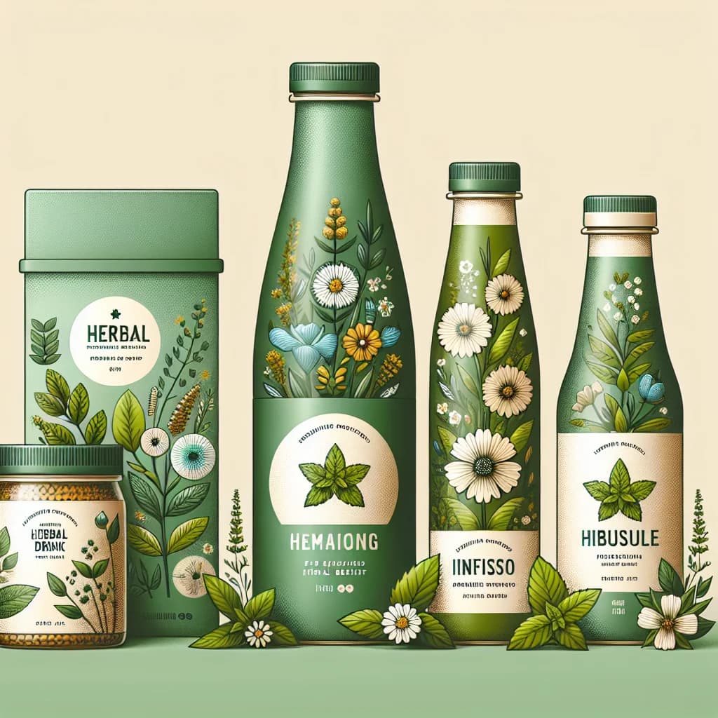herbal drink packaging in different variations on a minimalist background