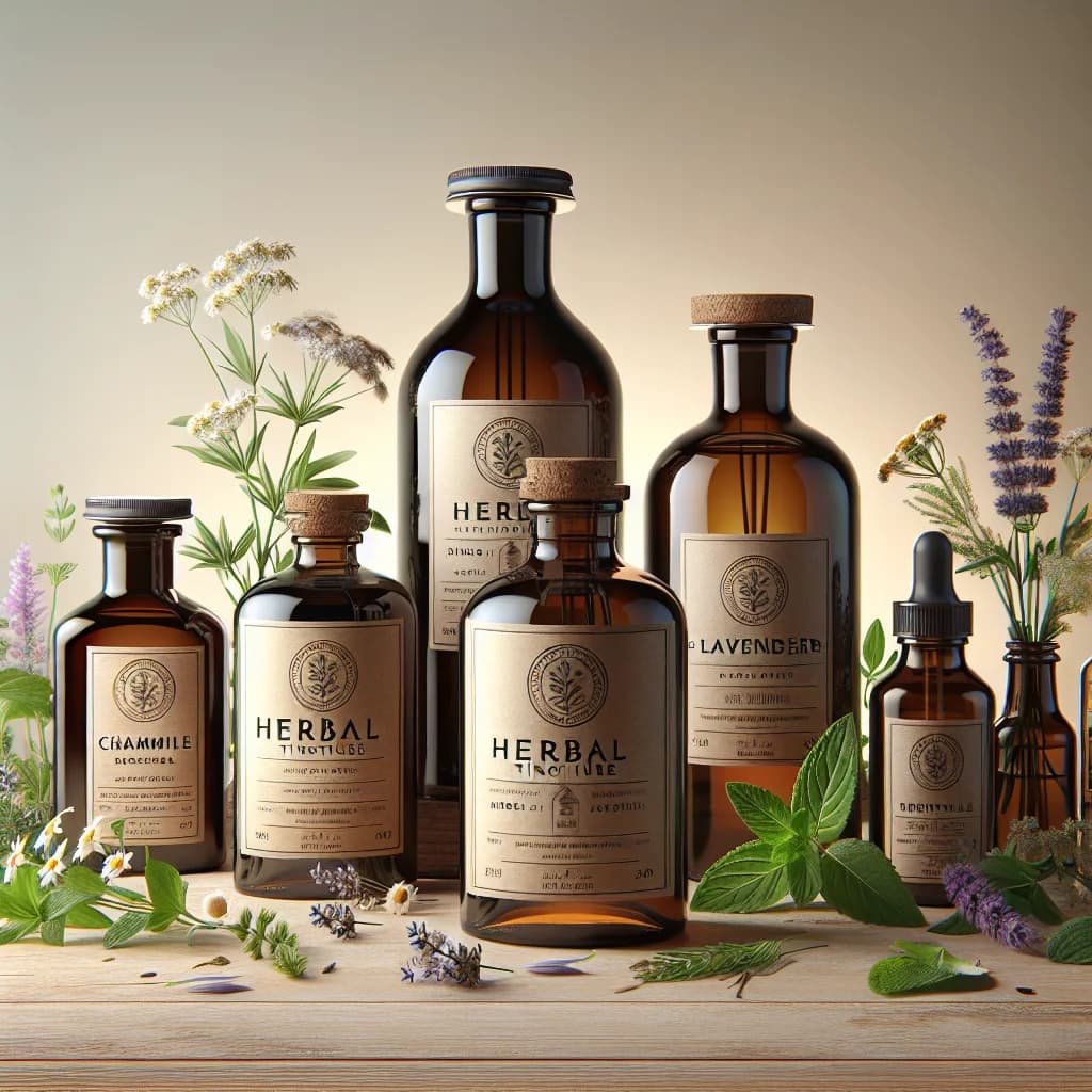 herbal tinctures in glass bottles with natural, earthy packaging