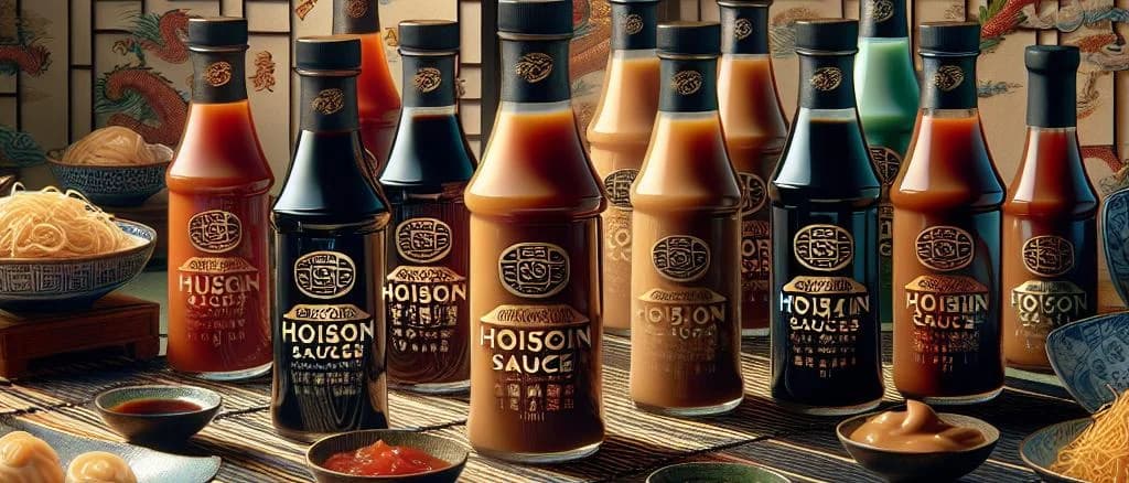 Assorted hoisin sauce bottles on a kitchen counter with varied packaging designs