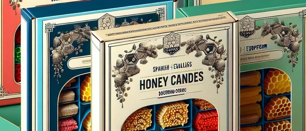 Honey candies with various shapes and packaging in a colorful background