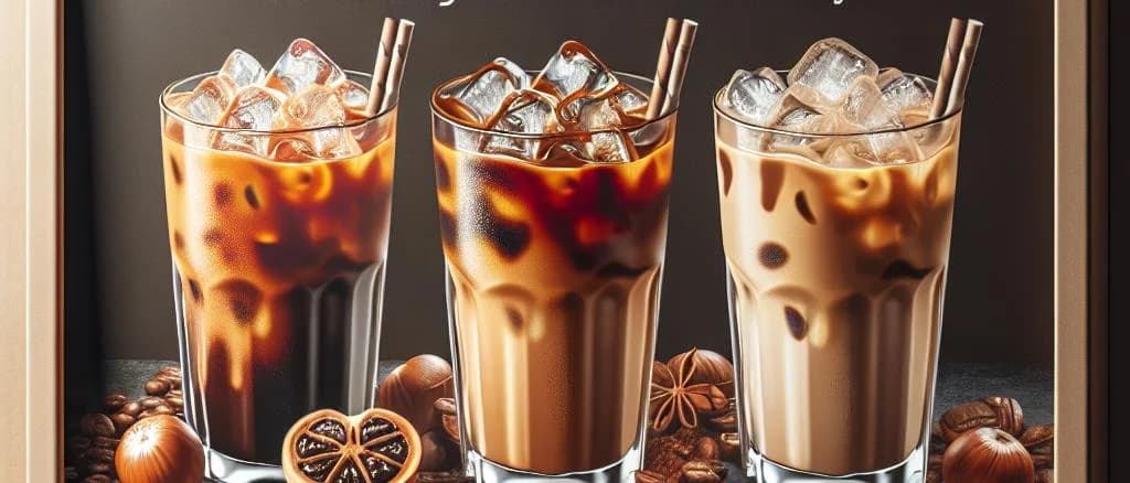 Assorted iced coffee bottles with various flavors on a rustic wooden table