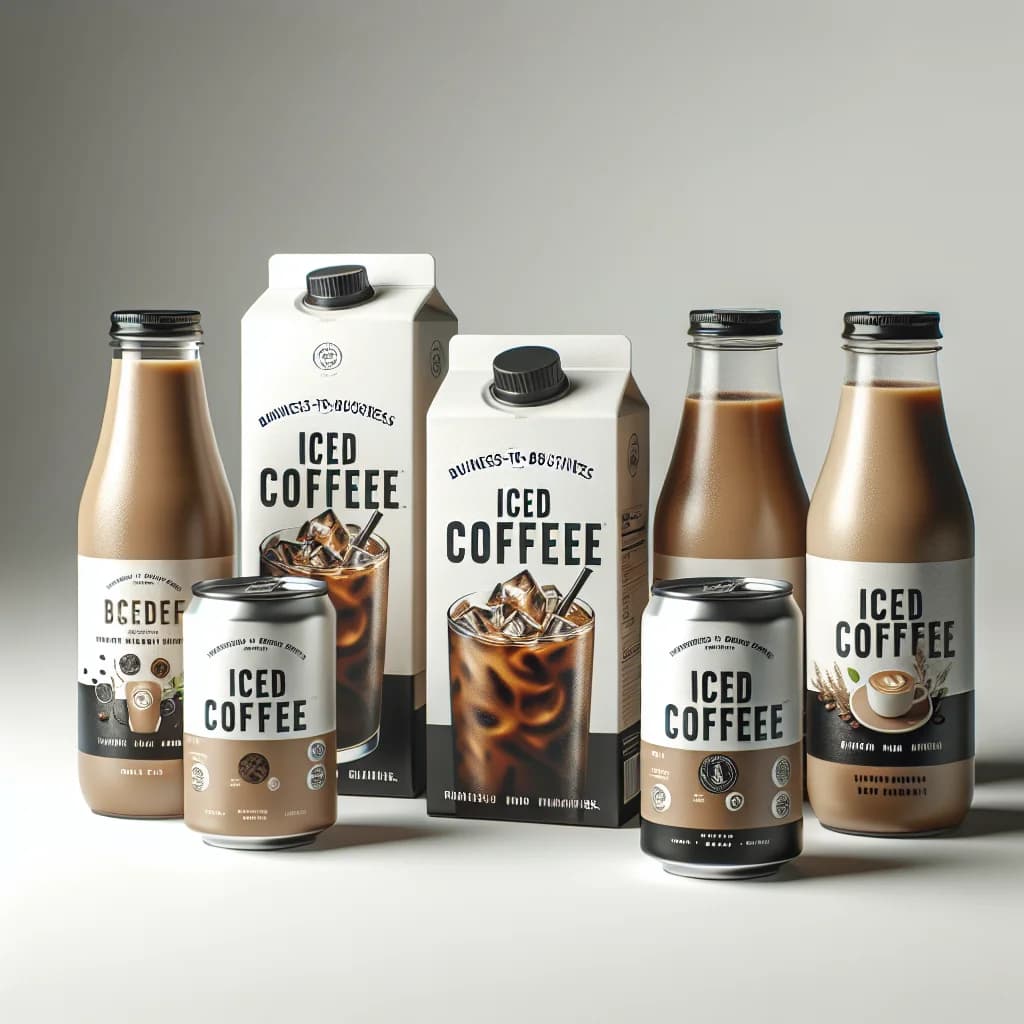 iced coffee beverage assortment on a clean background with various packaging styles for sourcing