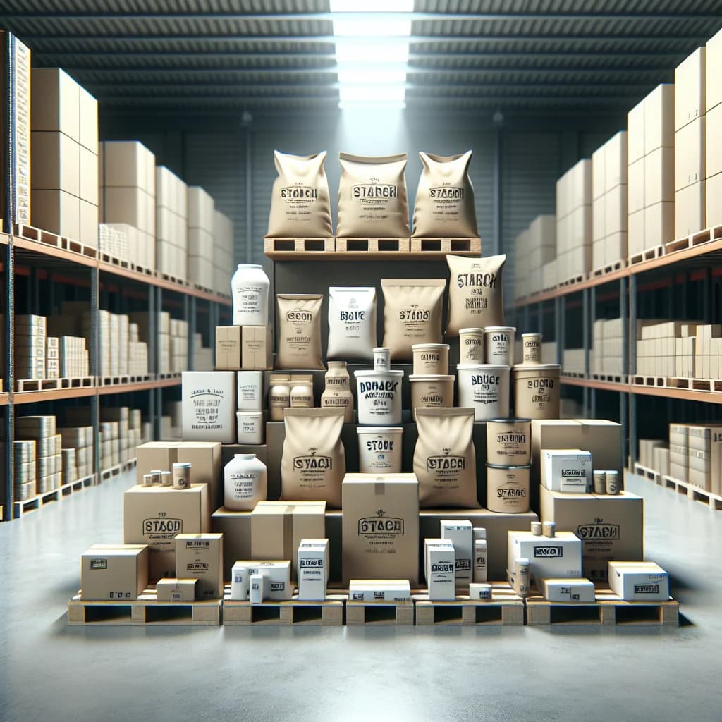 various industrial starch product packages on a clean warehouse shelf