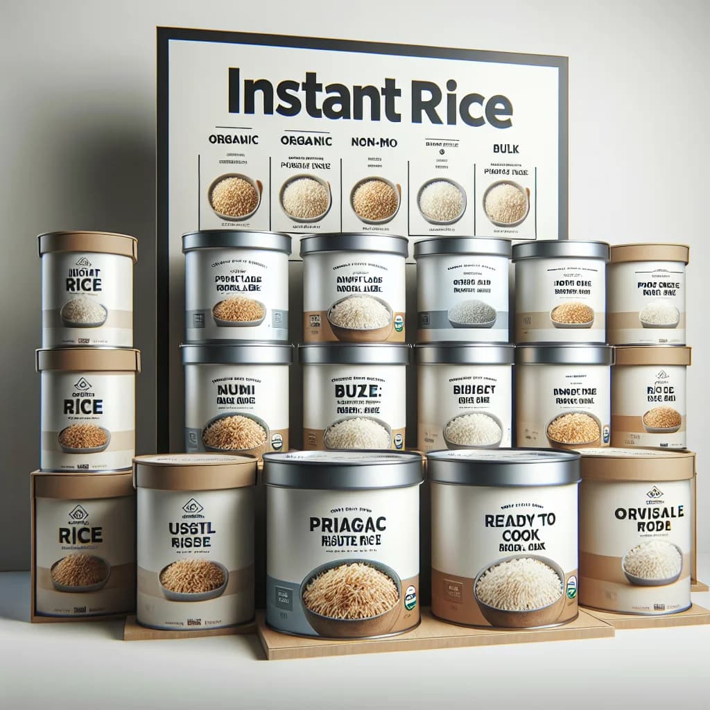 varieties of instant rice packaging displayed on a clean surface, showcasing private label and bulk options in professional packaging design