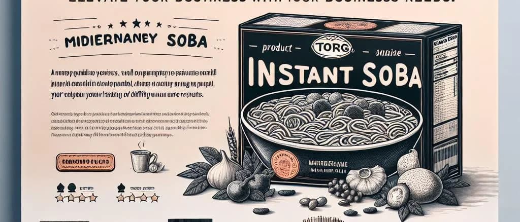 Various packages of instant soba noodles in different styles and flavors displayed on a wooden counter with a subtle background of wheat fields and soy sauce bottles.