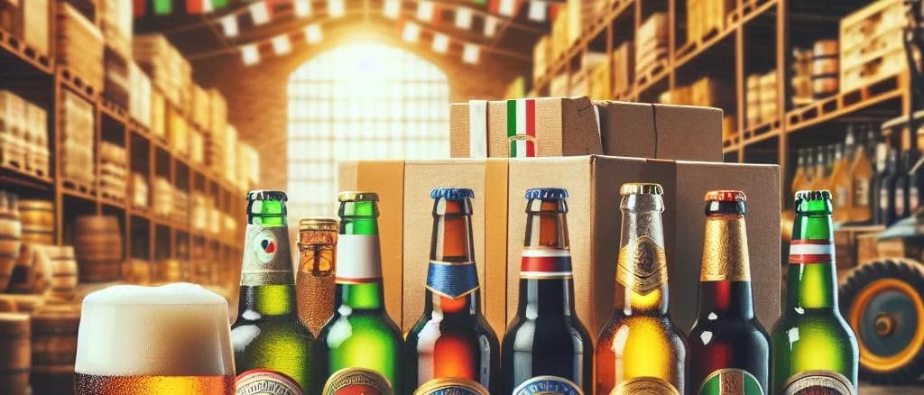 Various Italian beer bottles with diverse labels and packaging on wooden background