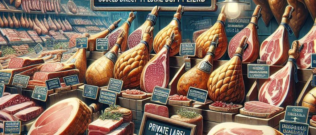 assorted Italian hams with various packaging options on a rustic wooden table