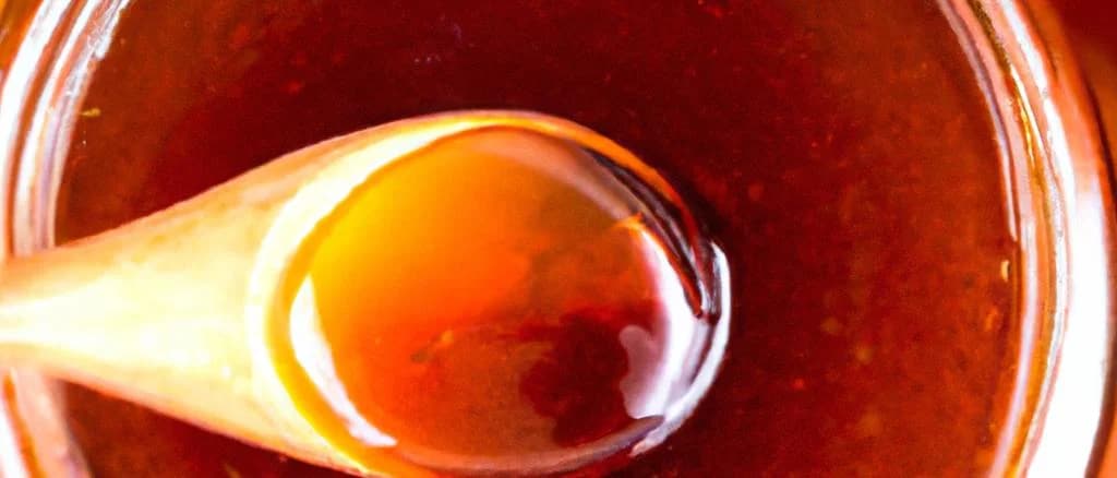 Assorted Italian honey jars on rustic wooden table with nature background