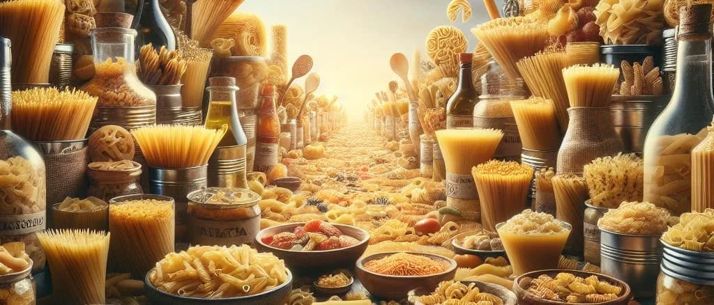 Three variations of Italian pasta in diverse packaging with a rustic kitchen background