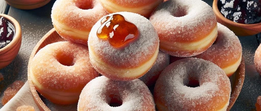 assorted jam doughnuts on colorful backgrounds with various packaging styles