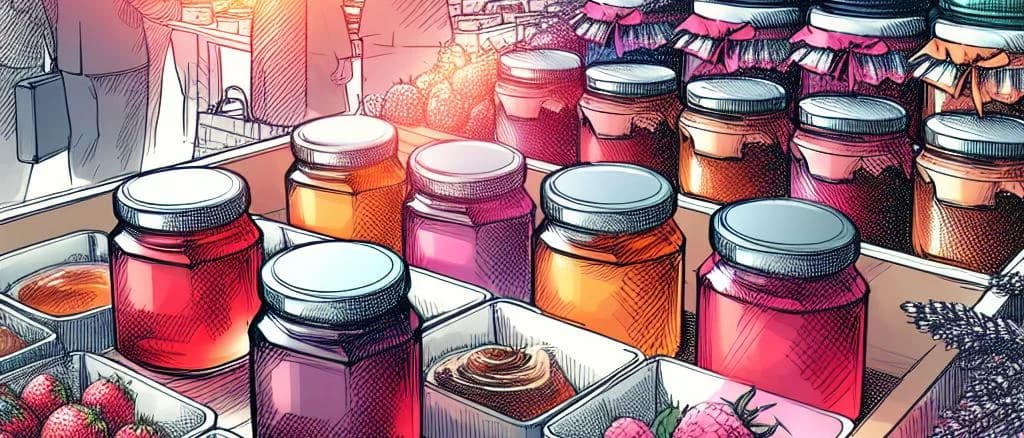 Assortment of jam jars with various fruits and custom packaging